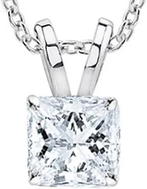 0.5 Carat 14K White Gold Princess Diamond Solitaire Pendant Necklace H-I Color I1 Clarity, w/ 16" Silver Chain