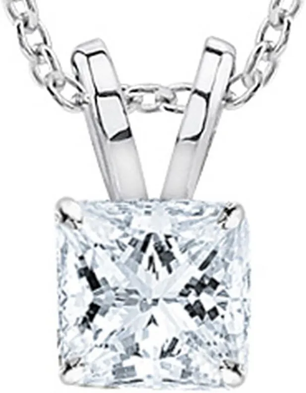 0.5 Carat 14K White Gold Princess Diamond Solitaire Pendant Necklace H-I Color I1 Clarity, w/ 16" Silver Chain