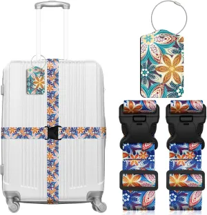 2 Packs Printed Luggage Straps for Suitcases with 1 Pieces Luggage Tags, Adjustable Suitcase Strap Airport Travel Accessories, Nylon Straps, Personalized Travel Belt Set - Orange Blossom