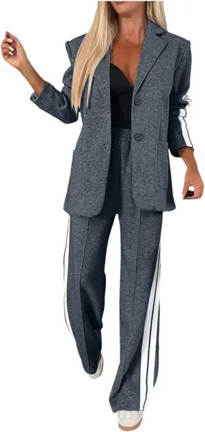 2 Piece Blazer Outfits for Women Comfy Oversized Jacket Wide Leg Pants Suits Notch Lapel Casual Business Dressy Sets