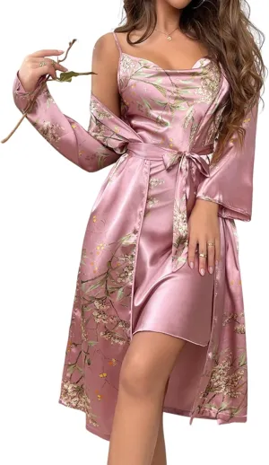 2 Piece Robes Pajamas Sets for Women Soft Satin Silky Kimono Nightgown Camisole Wedding Bride Sleepwear