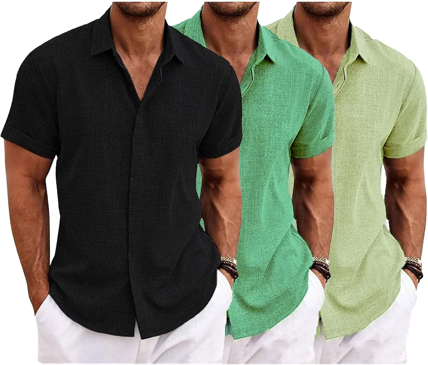 3 Pack Linen Shirts for Men Short Sleeve Mens Casual Cotton Button Down Tops Summer Beach Vacation Shirt