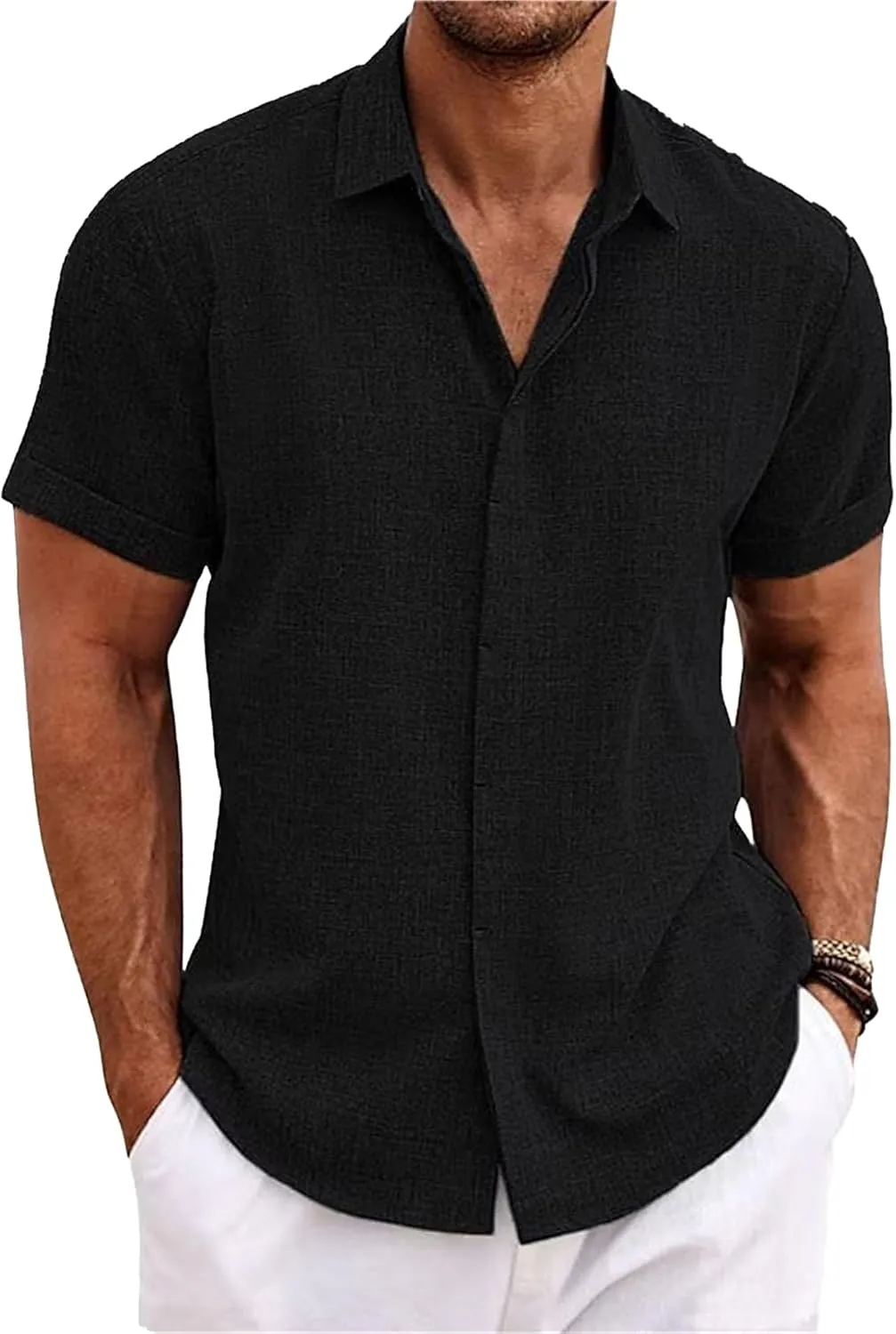 3 Pack Linen Shirts for Men Short Sleeve Mens Casual Cotton Button Down Tops Summer Beach Vacation Shirt