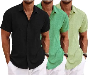 3 Pack Linen Shirts for Men Short Sleeve Mens Casual Cotton Button Down Tops Summer Beach Vacation Shirt
