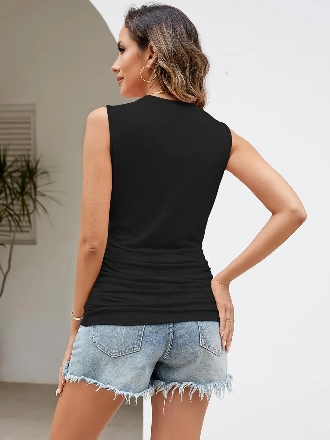 3 Pack Womens Ruched Tank Tops Casual Sleeveless High Neck Loose Fit Spring Summer Basic Tops Shirts 2025