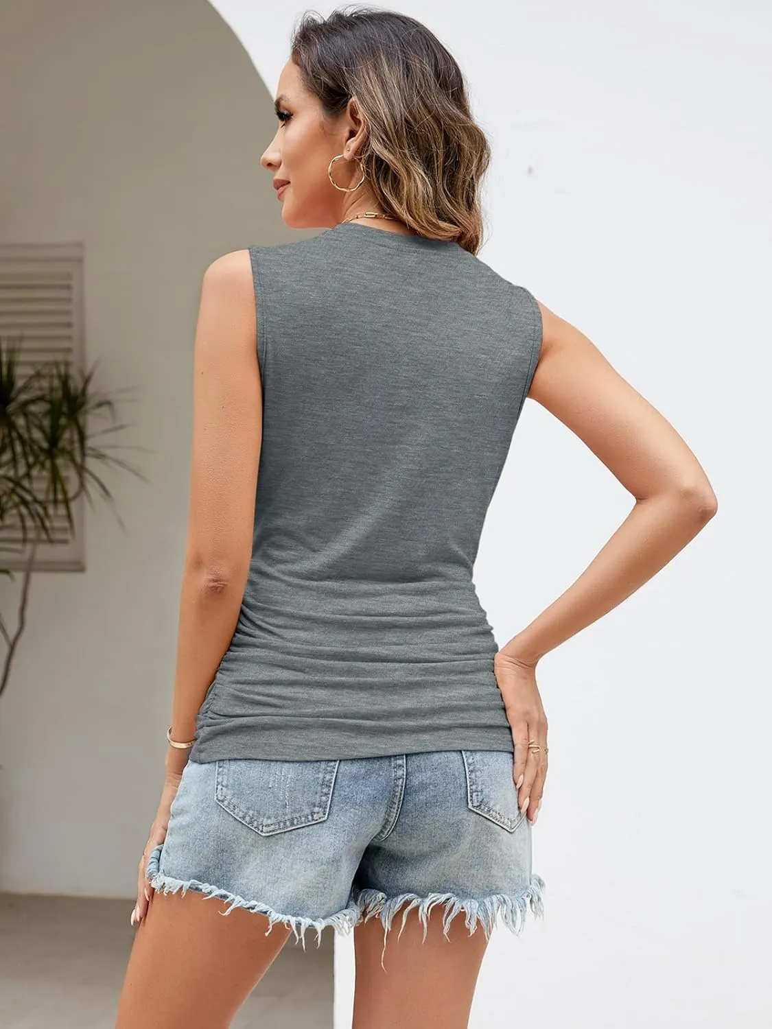 3 Pack Womens Ruched Tank Tops Casual Sleeveless High Neck Loose Fit Spring Summer Basic Tops Shirts 2025