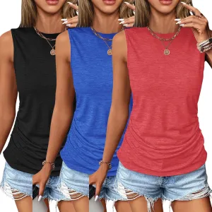 3 Pack Womens Ruched Tank Tops Casual Sleeveless High Neck Loose Fit Spring Summer Basic Tops Shirts 2025
