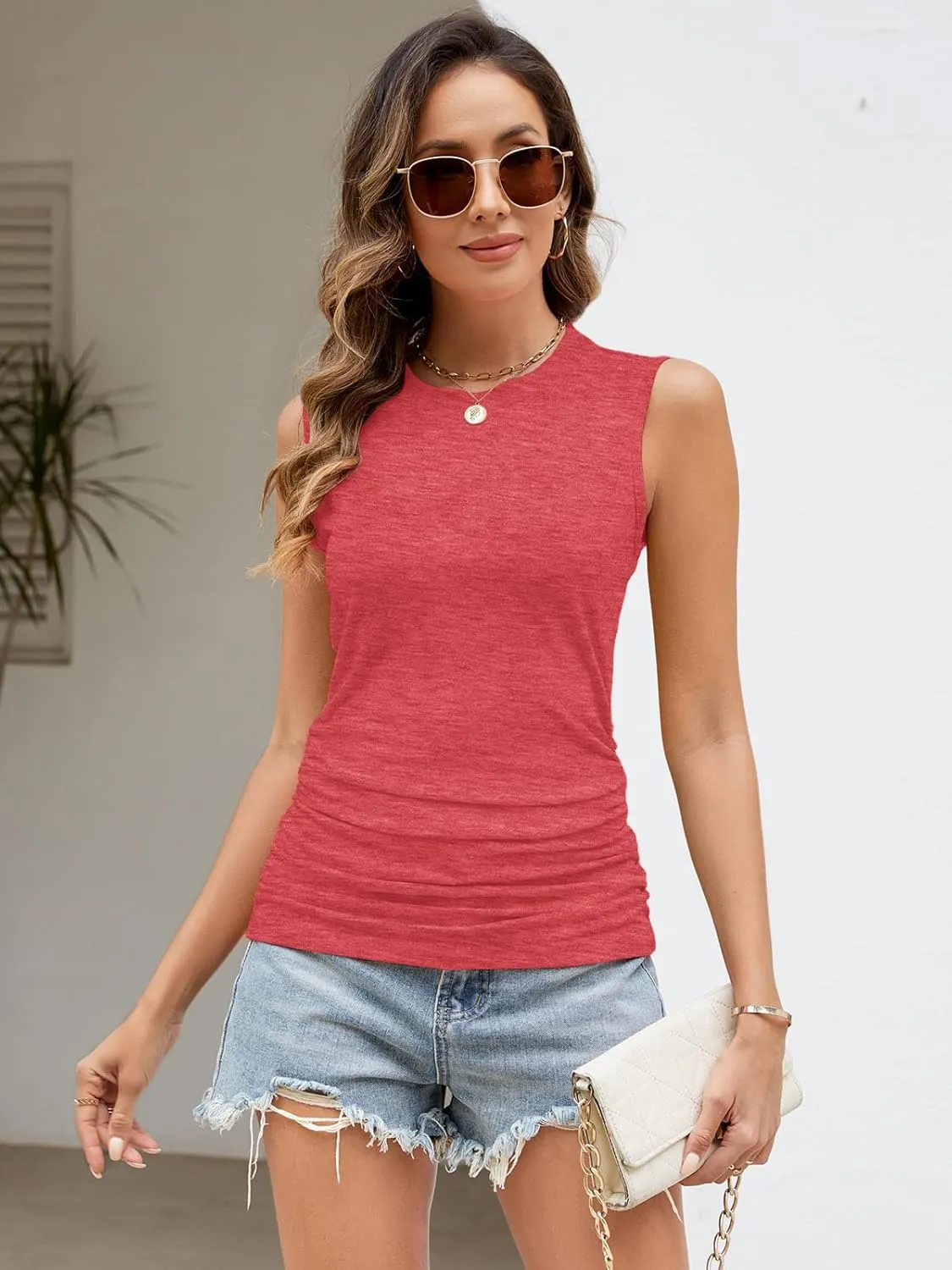 3 Pack Womens Ruched Tank Tops Casual Sleeveless High Neck Loose Fit Spring Summer Basic Tops Shirts 2025