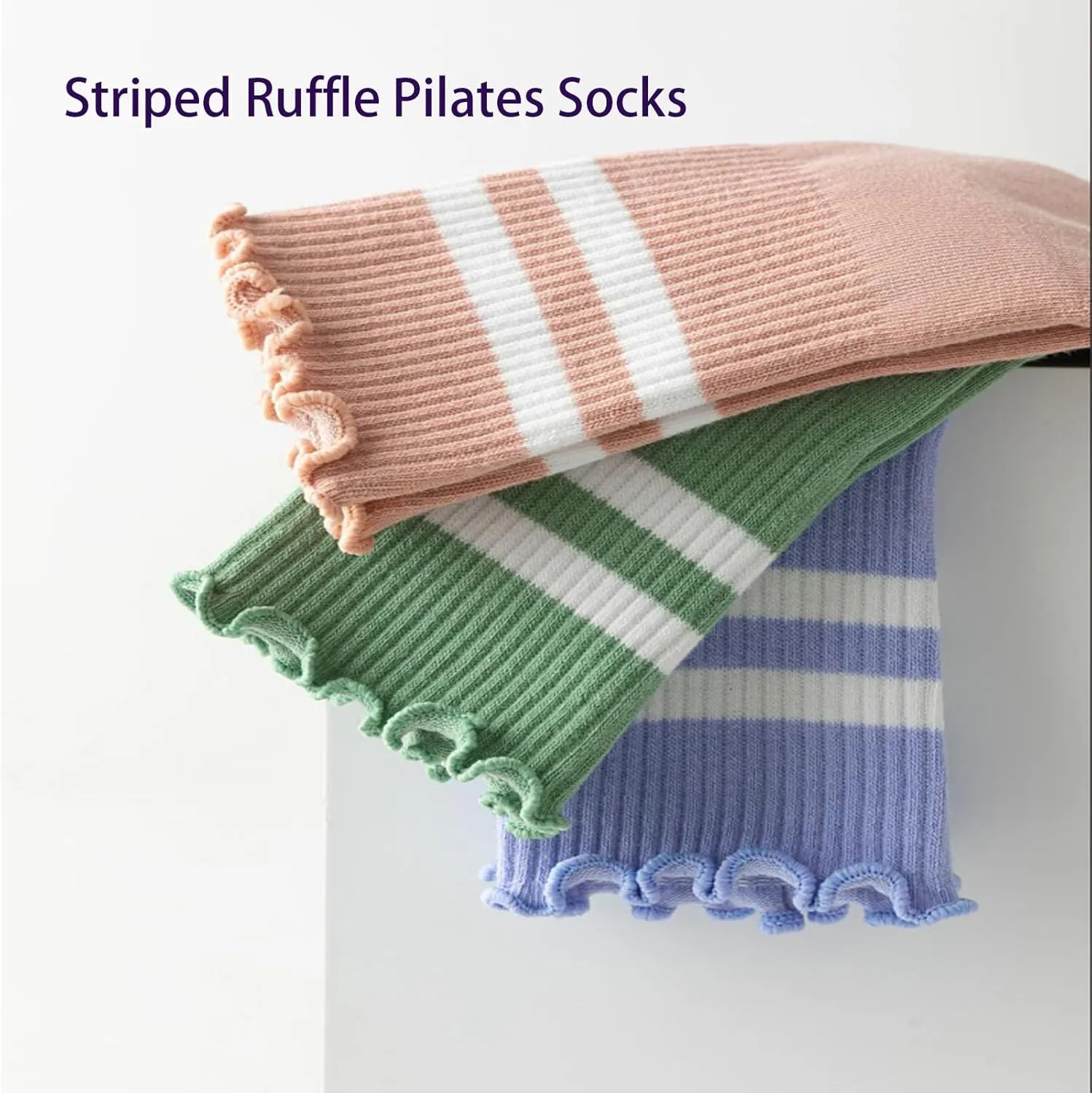 3 Pairs Pilates Socks with Grips Non-slip Yoga Crew Sock Ruffle Striped Sock for Gym Hospital Sticky Slipper Socks