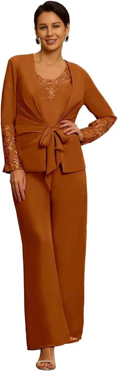 3 Pieces Mother of The Bride Pant Suit with Jacket Long Sleeve Formal Wedding Reception Outfit Sets Mother of The Groom