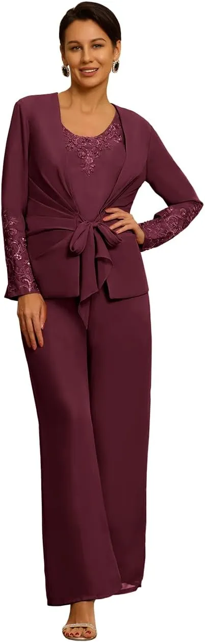 3 Pieces Mother of The Bride Pant Suit with Jacket Long Sleeve Formal Wedding Reception Outfit Sets Mother of The Groom