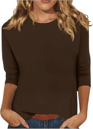 3/4 Length Sleeve Womens Tops Casual Crewneck Tunic Blouses to Wear with Leggings Trendy Loose Fit Tshirt Cotton Tees