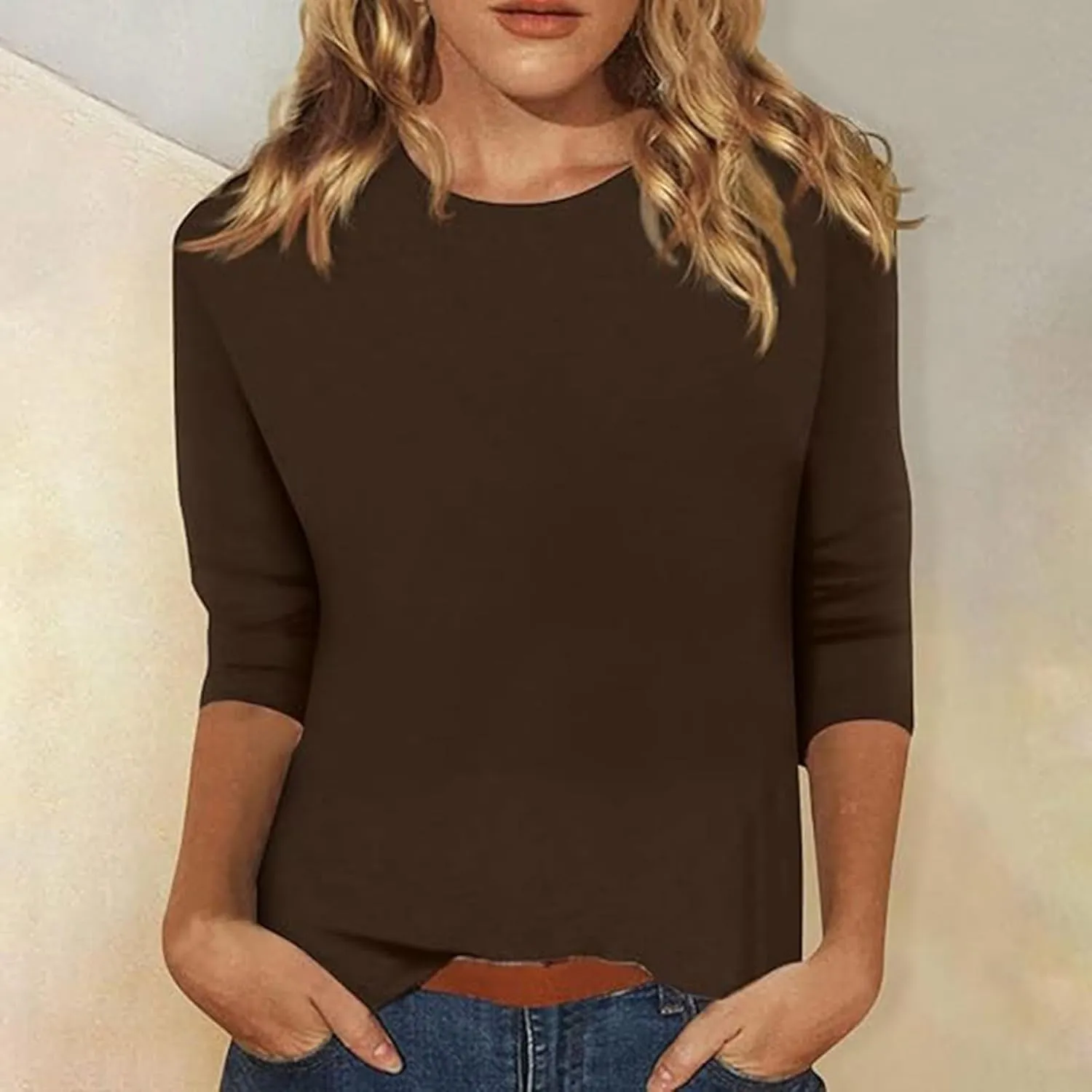 3/4 Length Sleeve Womens Tops Casual Crewneck Tunic Blouses to Wear with Leggings Trendy Loose Fit Tshirt Cotton Tees