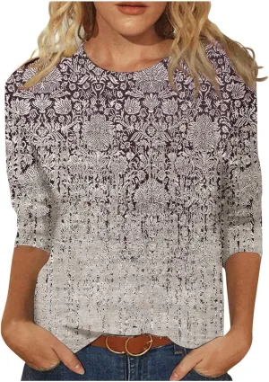 3/4 Length Sleeve Womens Tops Dressy Casual Blouses Summer Fashion Ethnic Graphic Crewneck Tunic Tshirts