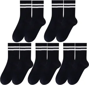 5 Pairs Solid Color Two Stripe Crew Socks Casual Athletic Socks for women Girls