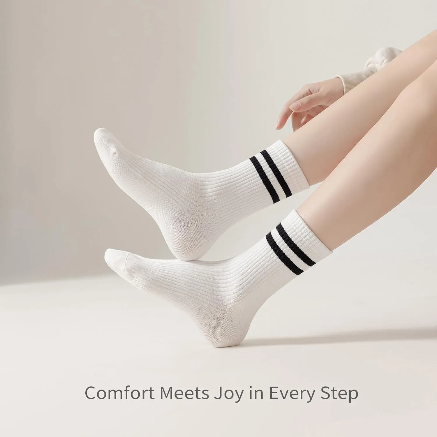 5 Pairs Solid Color Two Stripe Crew Socks Casual Athletic Socks for women Girls