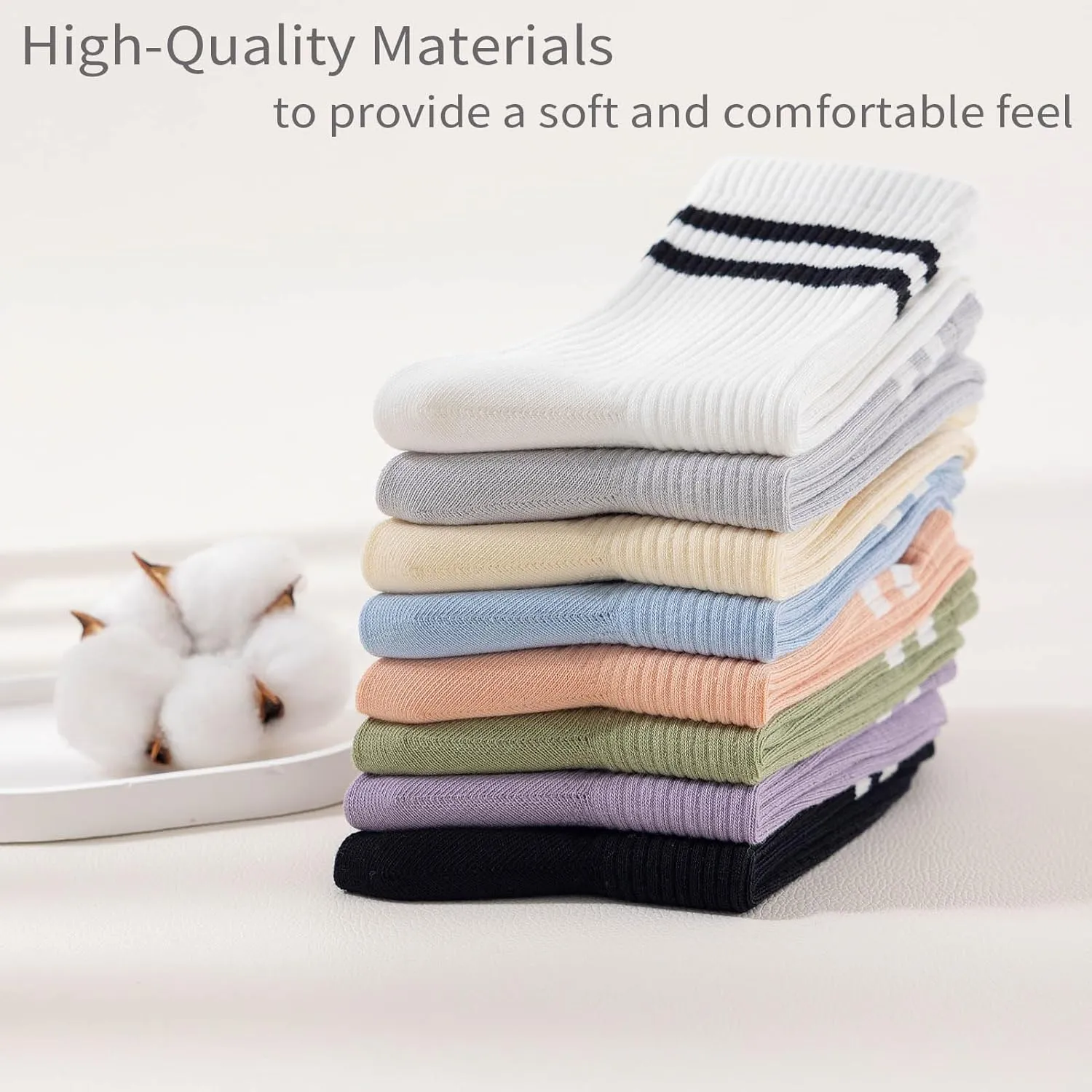 5 Pairs Solid Color Two Stripe Crew Socks Casual Athletic Socks for women Girls