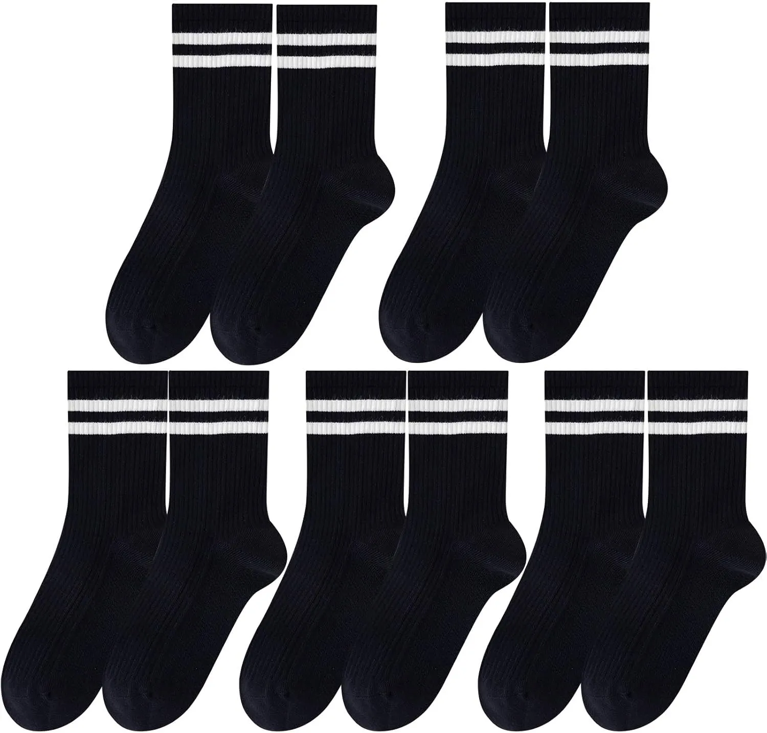 5 Pairs Solid Color Two Stripe Crew Socks Casual Athletic Socks for women Girls