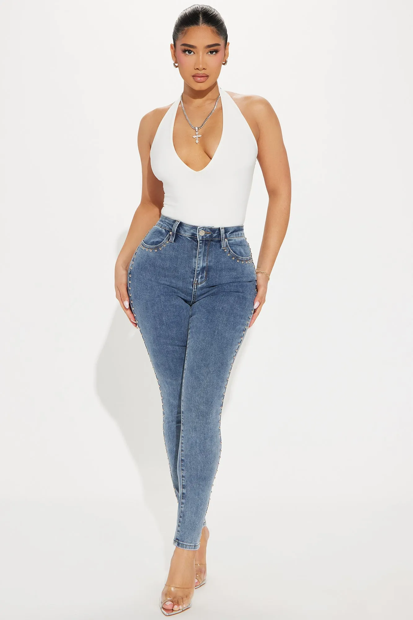 A Different Vibe Studded Stretch Skinny Jeans - Medium Wash