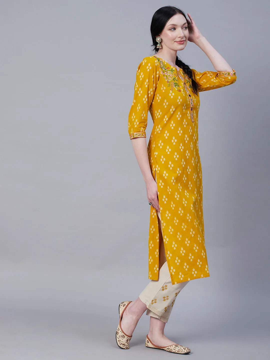Abstract Printed Resham Embroidered Kurta With Embroidered Pants - Yellow