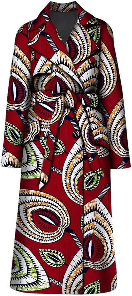 African Print Long Trench Coats for Women Full Sleeve Classic Lapel Windproof Colorful Overcoat with Belt