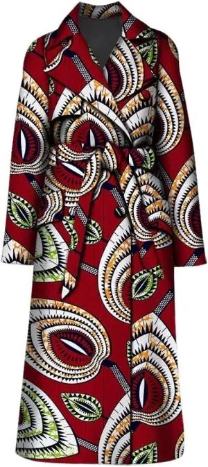 African Print Long Trench Coats for Women Full Sleeve Classic Lapel Windproof Colorful Overcoat with Belt