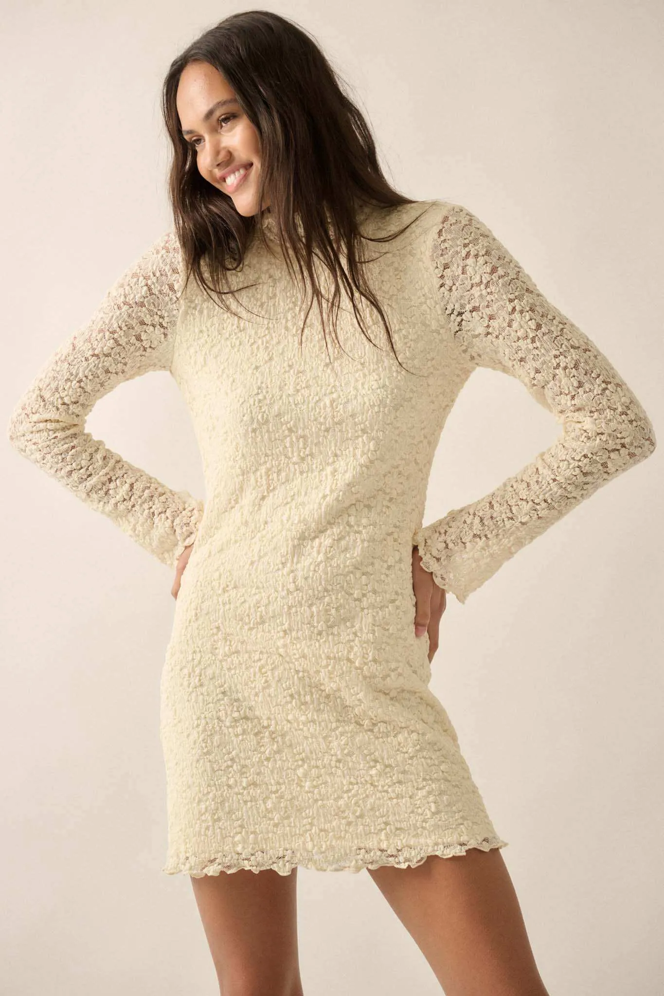 Afternoon Angel Floral Lace Mock-Neck Mini Dress