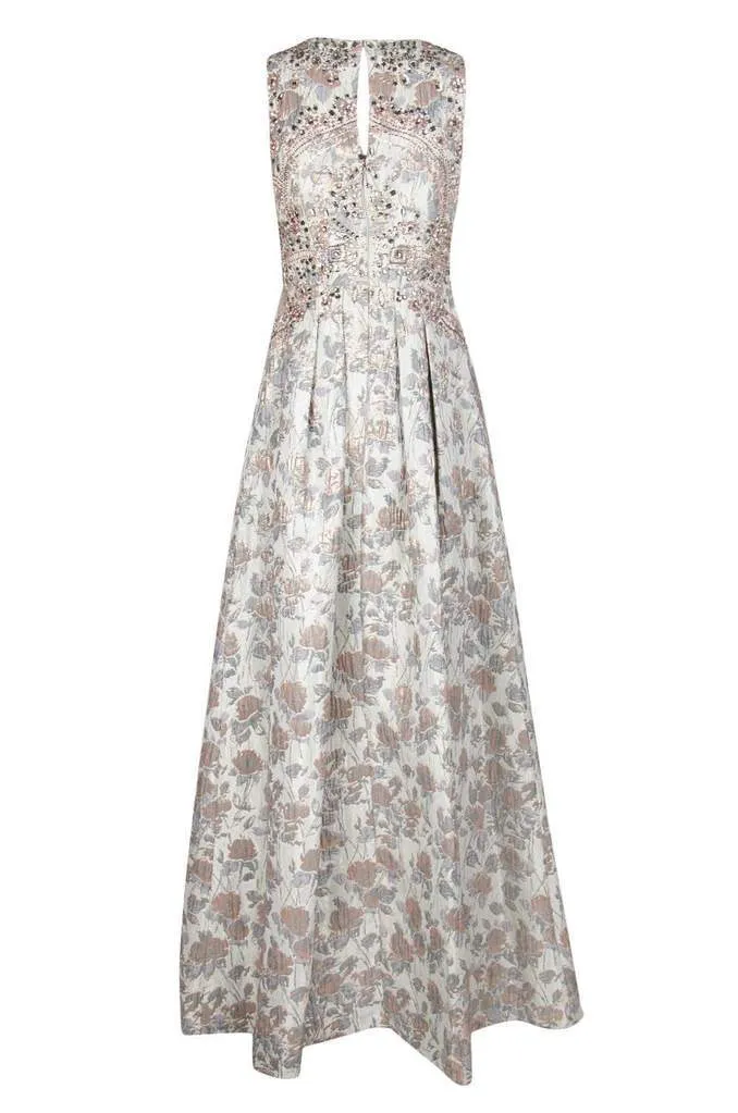 Aidan Mattox - Bedazzled Jewel Brocade Pleated Evening Gown MD1E201399 - 1 pc Silver Grey in Size 0 Available