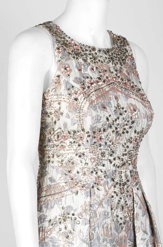 Aidan Mattox - Bedazzled Jewel Brocade Pleated Evening Gown MD1E201399 - 1 pc Silver Grey in Size 0 Available