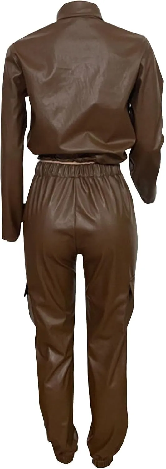 Akklian Premium PU Leather Long Sleeve Outfits Motorcycle Jacket Crop Tops with Cargo Pants 6 Pockets PU Leather Matching Set