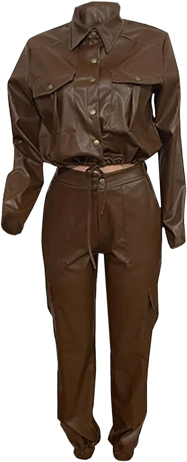 Akklian Premium PU Leather Long Sleeve Outfits Motorcycle Jacket Crop Tops with Cargo Pants 6 Pockets PU Leather Matching Set