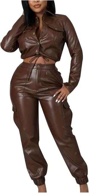 Akklian Premium PU Leather Long Sleeve Outfits Motorcycle Jacket Crop Tops with Cargo Pants 6 Pockets PU Leather Matching Set