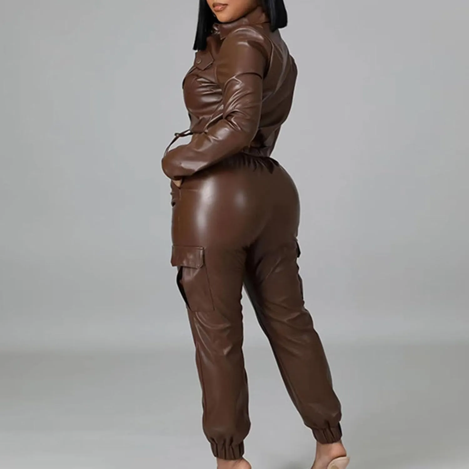 Akklian Premium PU Leather Long Sleeve Outfits Motorcycle Jacket Crop Tops with Cargo Pants 6 Pockets PU Leather Matching Set
