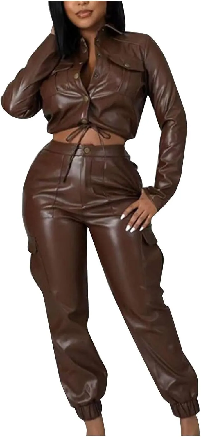 Akklian Premium PU Leather Long Sleeve Outfits Motorcycle Jacket Crop Tops with Cargo Pants 6 Pockets PU Leather Matching Set