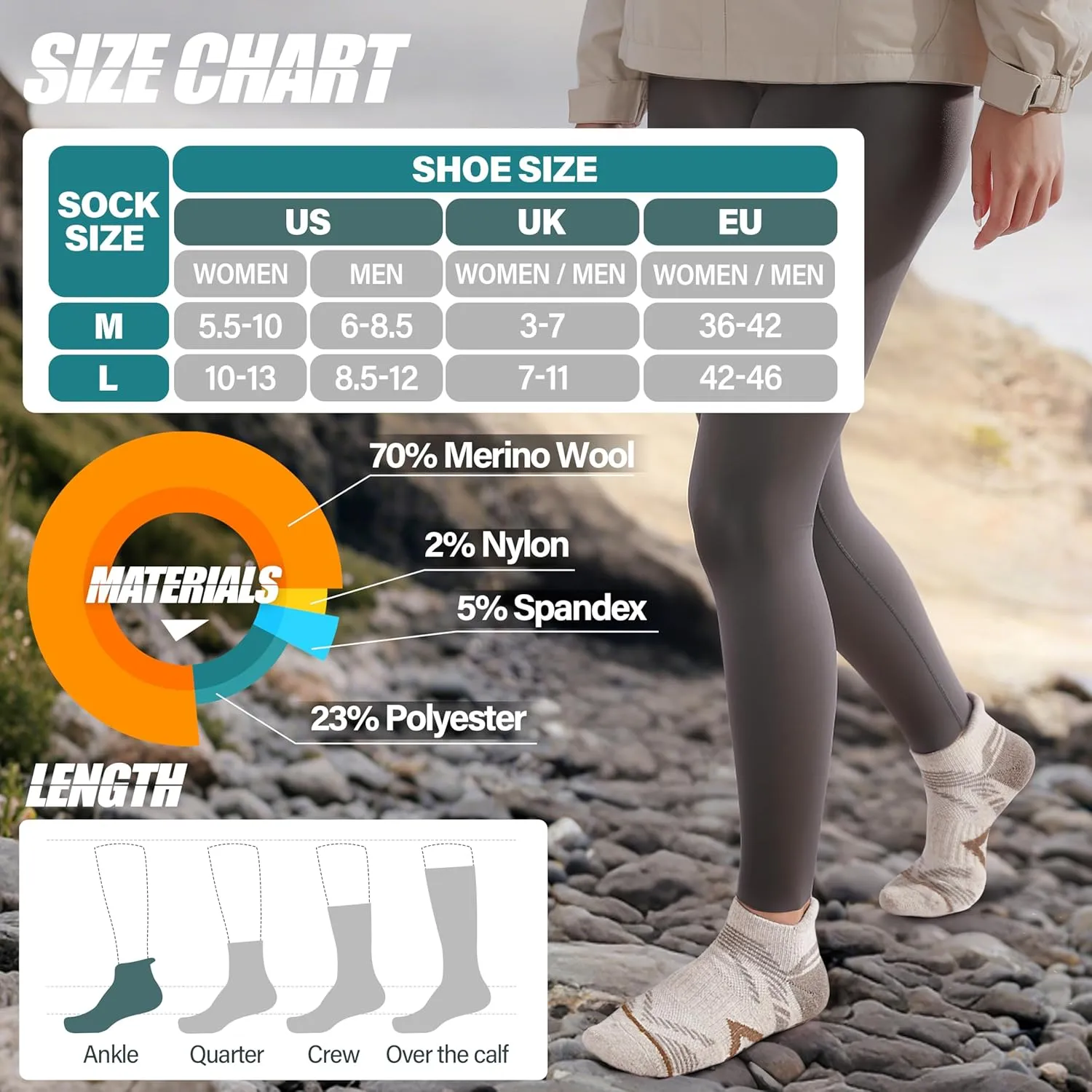 ANTSANG 6 Pairs Merino Wool Ankle Hiking Running Socks Compression Thick Cushion Breathable No Show Socks for Men Women