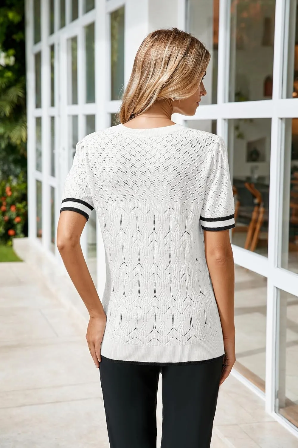Arach&Cloz Women's Cotton Nature Breathable Crochet Tops Short Sleeve Sweaters for Summer