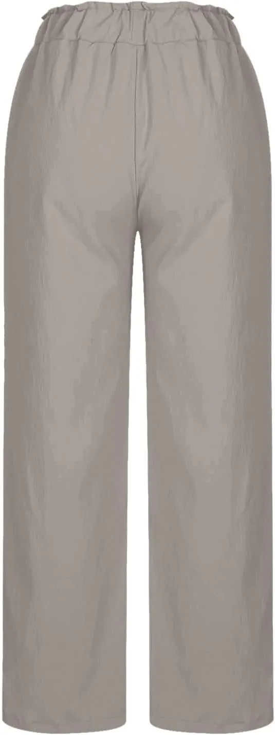 Basysin Linen Pants Women Solid High Waisted Pant Stretchy Wide Leg Pocket Palazzo Pants Casual Comfy Beach Pants Trousers