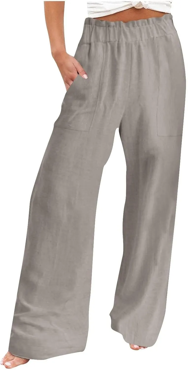 Basysin Linen Pants Women Solid High Waisted Pant Stretchy Wide Leg Pocket Palazzo Pants Casual Comfy Beach Pants Trousers