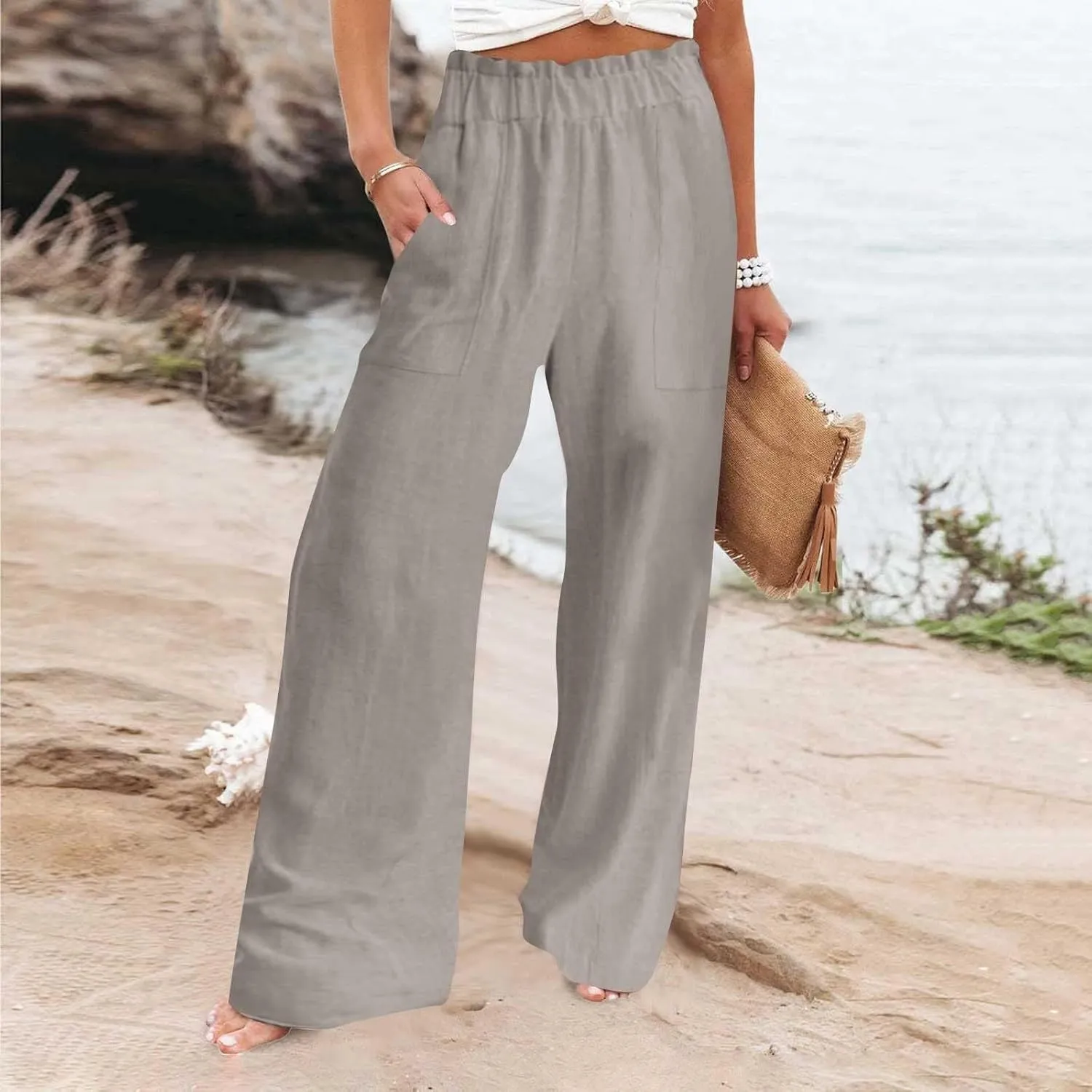 Basysin Linen Pants Women Solid High Waisted Pant Stretchy Wide Leg Pocket Palazzo Pants Casual Comfy Beach Pants Trousers