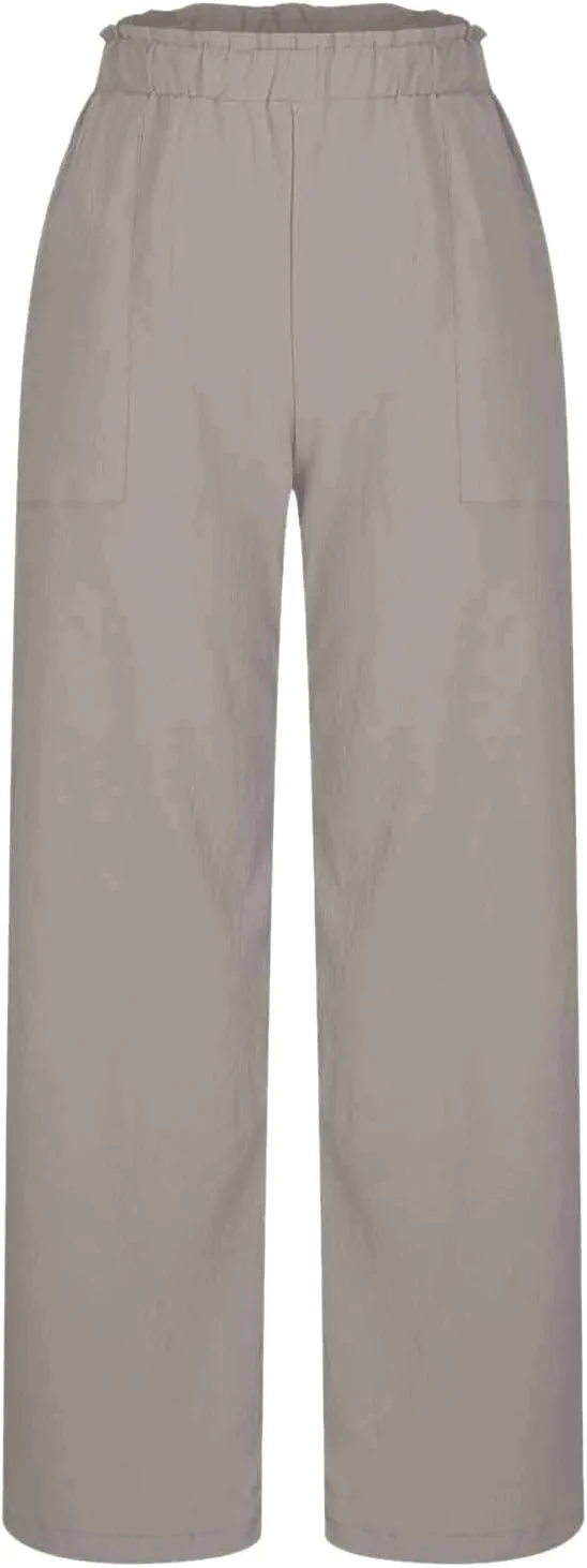 Basysin Linen Pants Women Solid High Waisted Pant Stretchy Wide Leg Pocket Palazzo Pants Casual Comfy Beach Pants Trousers