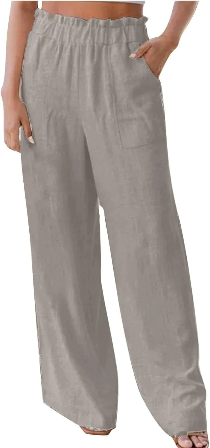 Basysin Linen Pants Women Solid High Waisted Pant Stretchy Wide Leg Pocket Palazzo Pants Casual Comfy Beach Pants Trousers