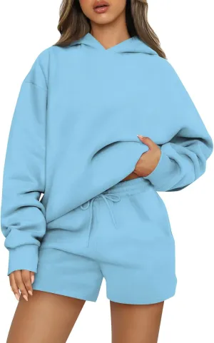 Basysin Lounge Sets for Women Womens 2 Piece Outfits Solid Oversized Hoodies Sweatsuit Sets Casual Sweatshirt and Shorts Set
