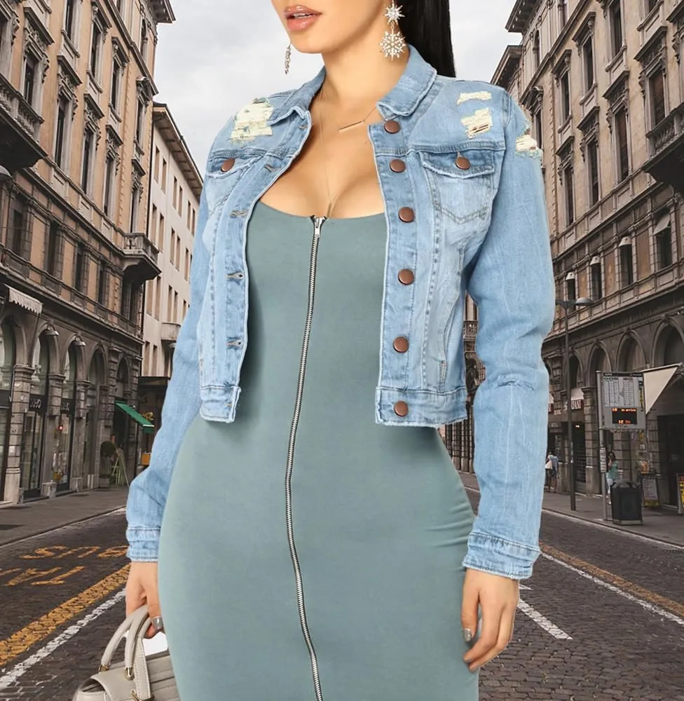 BessCops Denim Jacket for Women Spring Long Sleeve Classic Distressed Butterfly Jean Trucker Jackets