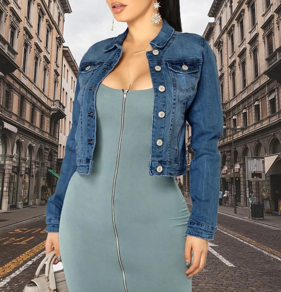 BessCops Denim Jacket for Women Spring Long Sleeve Classic Distressed Butterfly Jean Trucker Jackets