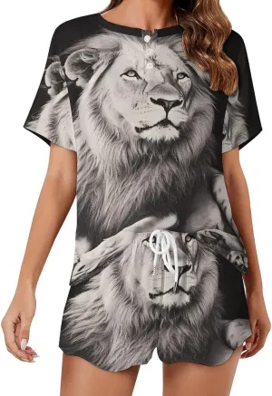 Black And White Liones Pajamas for Women Set Short Sleeve Top And Shorts Lounge Sleepwear Loungewear 2Pcs Pj Sets