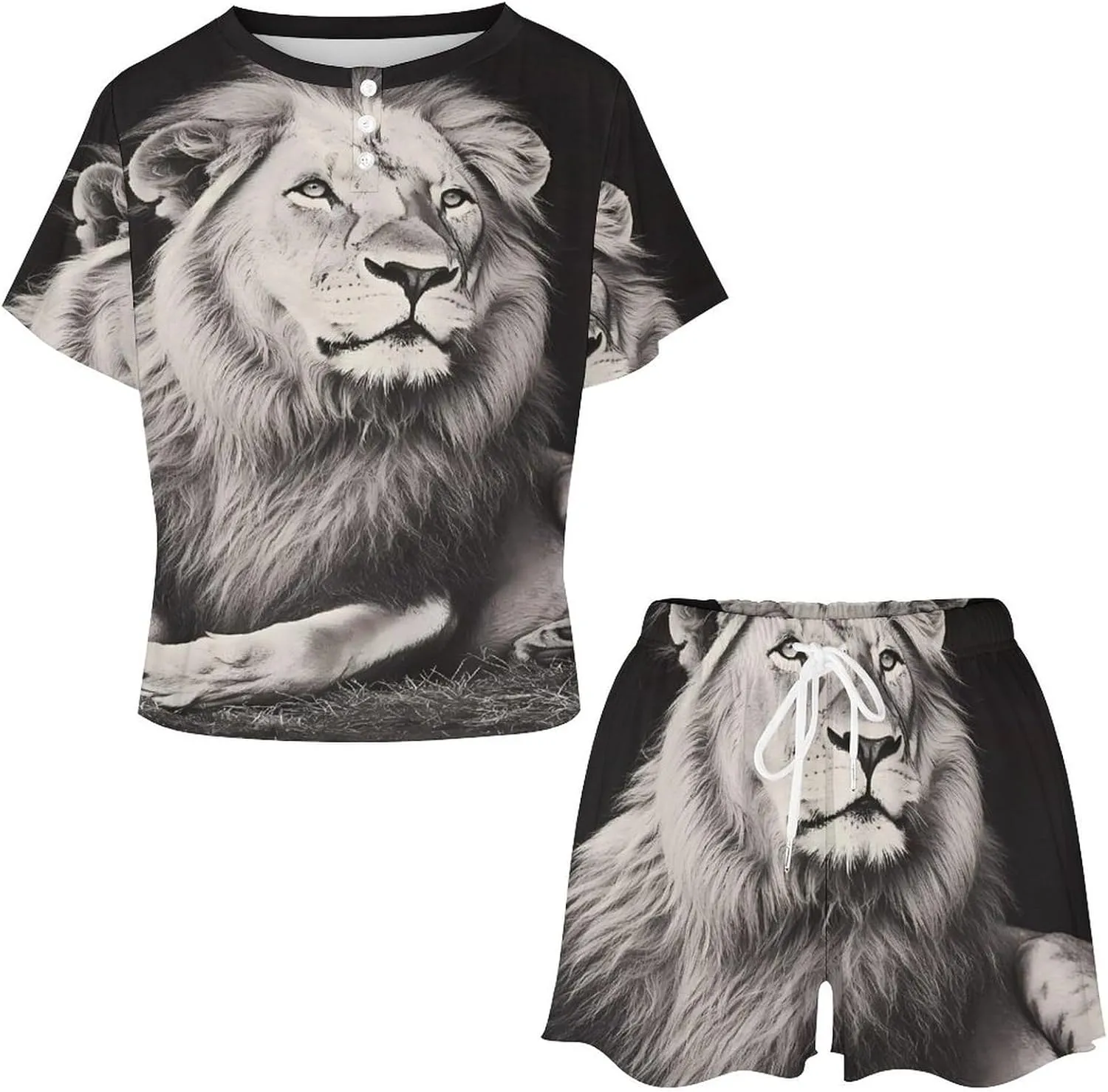 Black And White Liones Pajamas for Women Set Short Sleeve Top And Shorts Lounge Sleepwear Loungewear 2Pcs Pj Sets