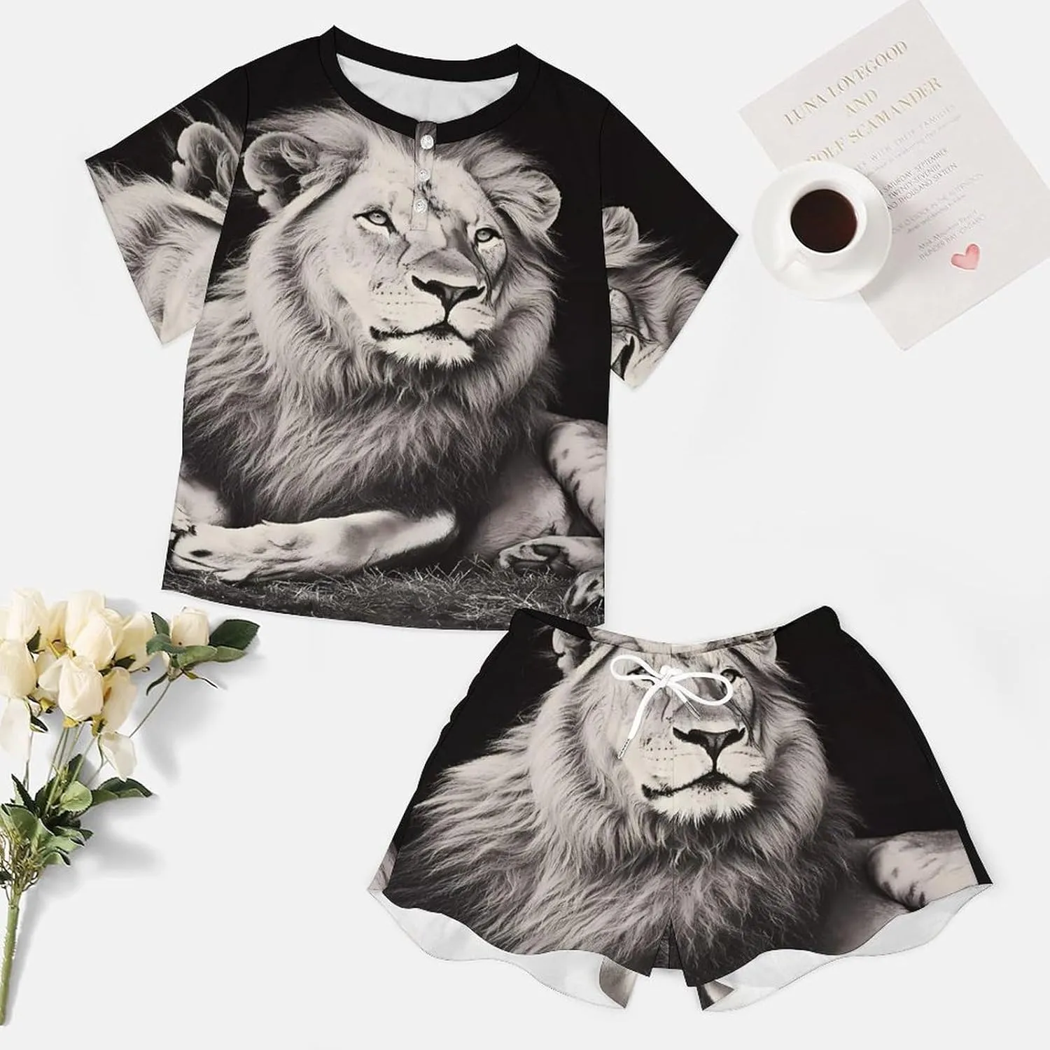 Black And White Liones Pajamas for Women Set Short Sleeve Top And Shorts Lounge Sleepwear Loungewear 2Pcs Pj Sets