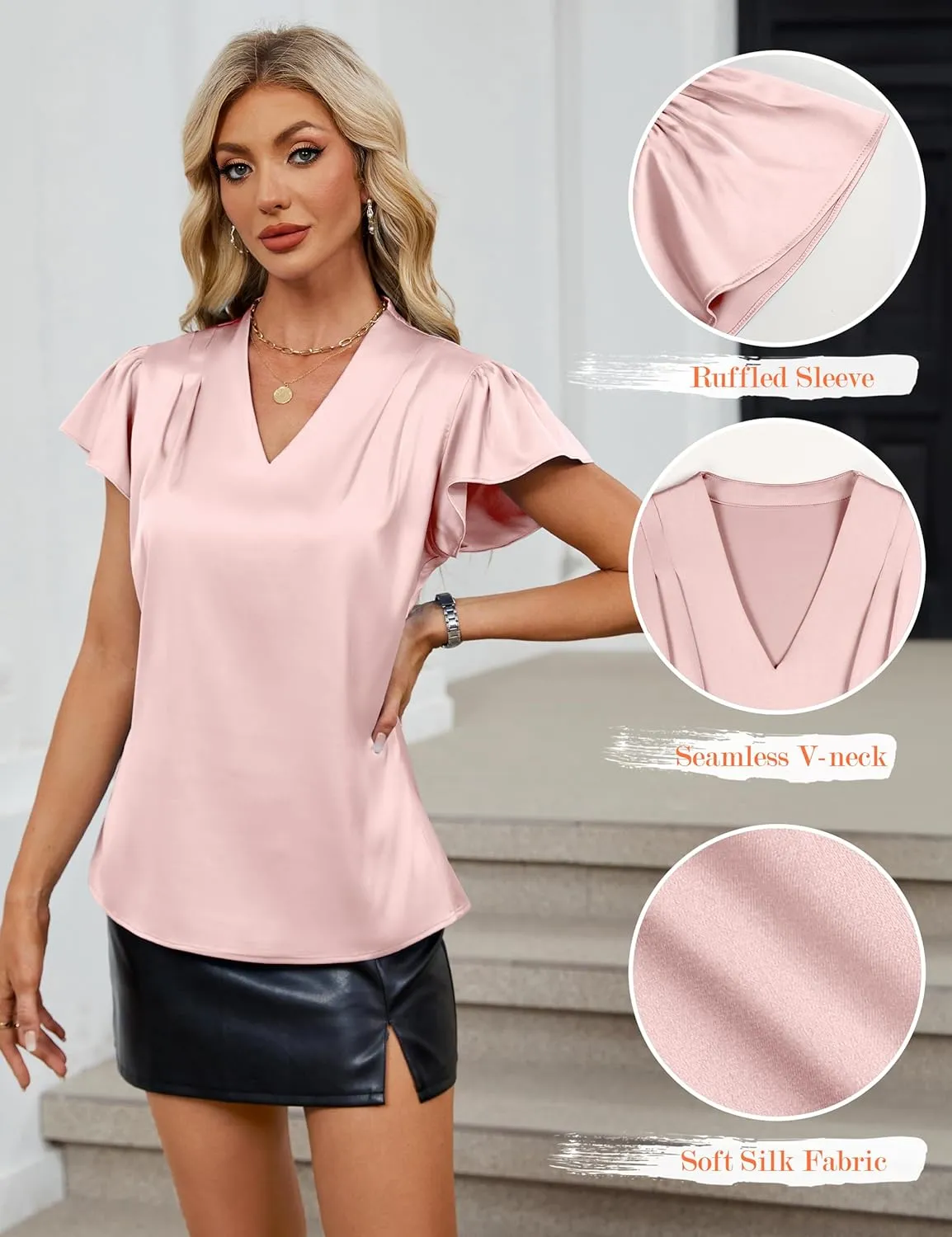 Blooming Jelly Womens Silk Dressy Casual Business Blouse Ruffle Sleeve Tops Summer V Neck Pleated Work Shirts