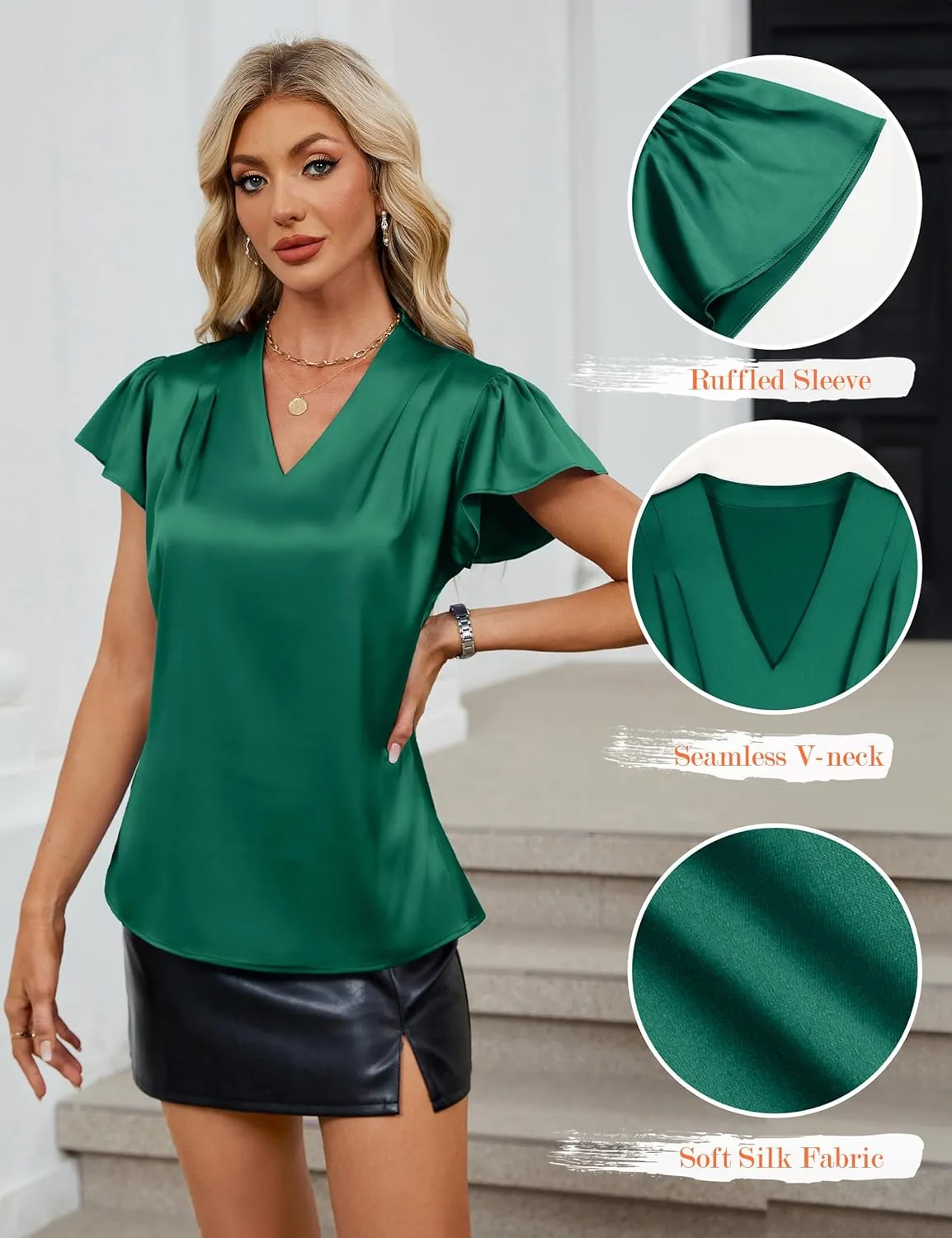 Blooming Jelly Womens Silk Dressy Casual Business Blouse Ruffle Sleeve Tops Summer V Neck Pleated Work Shirts