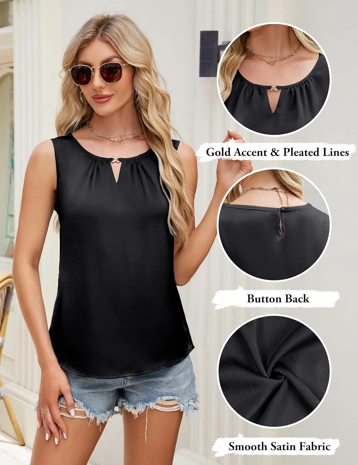 Blooming Jelly Women's Summer Tank Top Business Casual Outfits Dressy Work Blouses Satin Sleeveless Keyhole Shirts